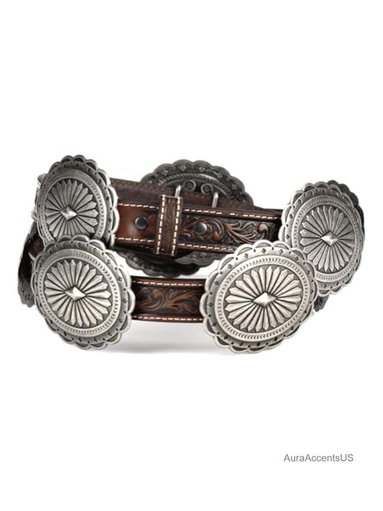 Western Tooled Leather Belt with Silver Oval Concho, Pull On main image 5